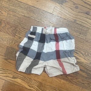 Burberry Boys Plaid Swim Trunks in White, Gray, Black, and Red